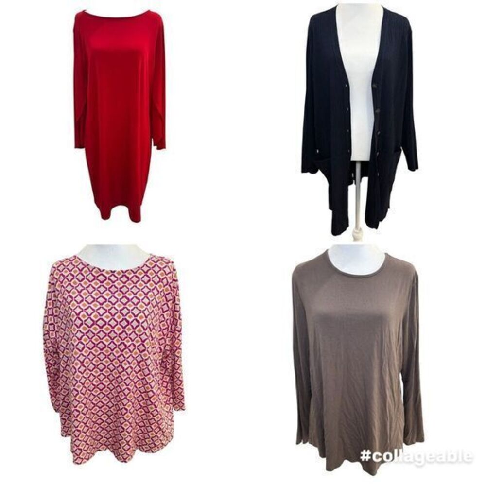 Chico's Lot of 4 Size 3 (16) Red Dress,‎ Blue Cardigan, Pink Top, Brown Top